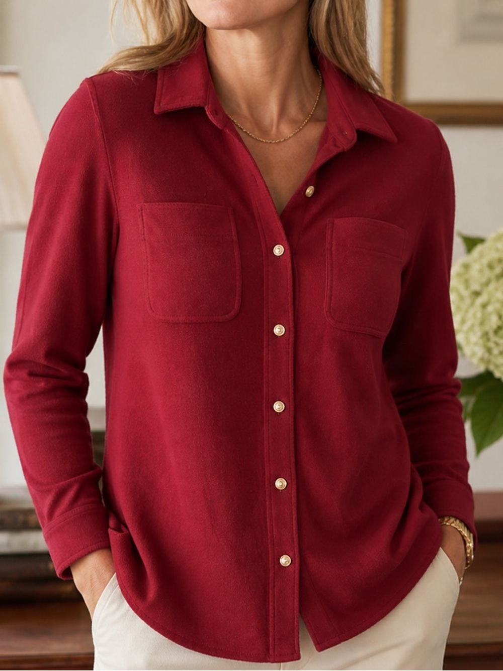 Coldwater Creek Petite Small Red Knit Button Front Shirt Jacket Top PS - Picture 1 of 8